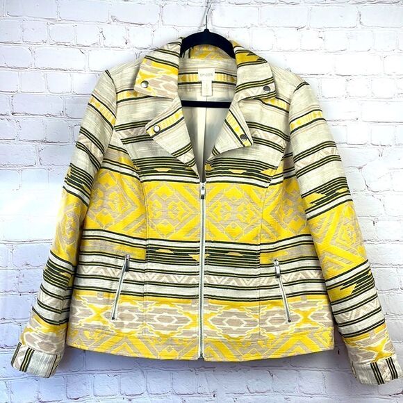 Chico's Aztec Print Jacquard Moto Style Jacket. Yellow.  Chico's size 1 (Med/8) - Picture 1 of 7